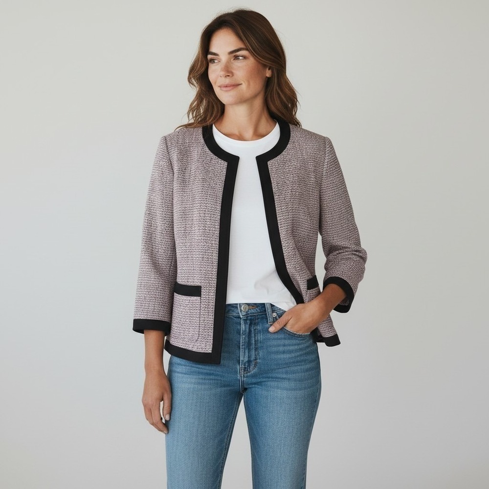 NWT RTL $149 Anne Klein Women Pink Black Tweed Open Front Jacket Old Money L